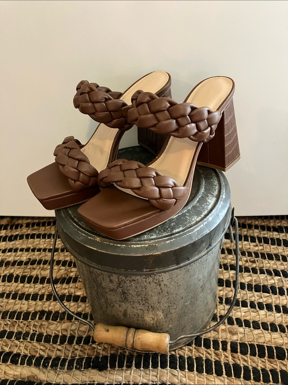 Sincerly Jules Brown Braided Block Heel Slide Sandals